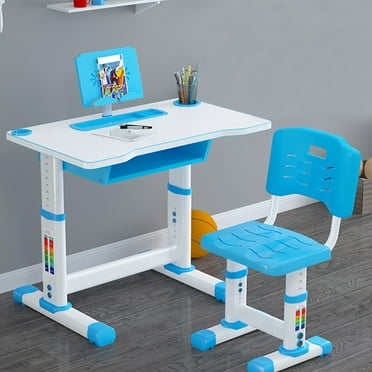 Blue Student Writing Desk with Drawer Storage Hook Childs Desk for Studying Reading and Drawing Pen Groove Height Adjustable Kids Study Table and Chair LINGDANG Kids Desk and Chair Set
